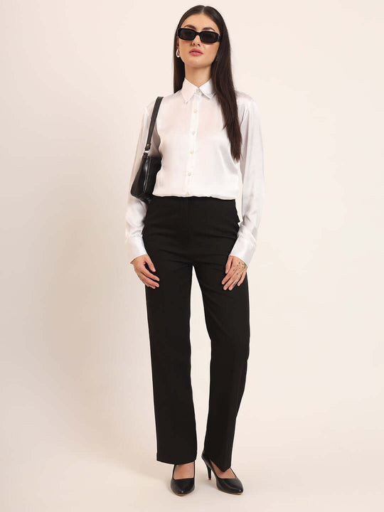 Women'S Premium White Regular Fit Solid Satin Shirt