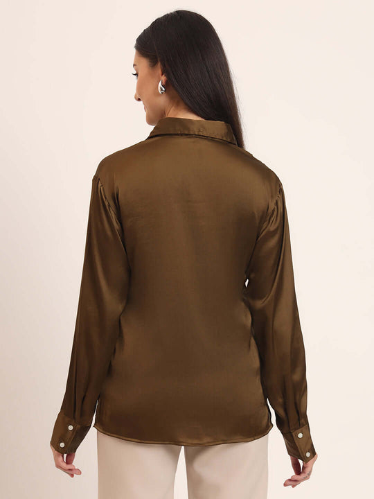 Women'S Premium Bronze Regular Fit Solid Satin Shirt