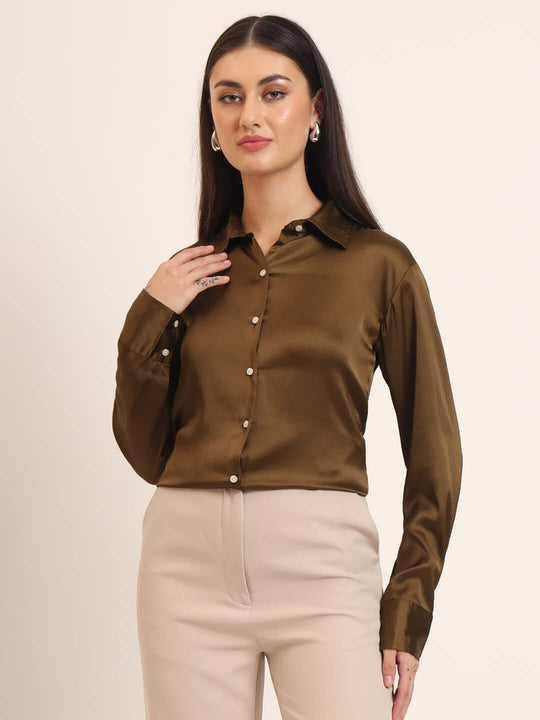 Women'S Premium Bronze Regular Fit Solid Satin Shirt