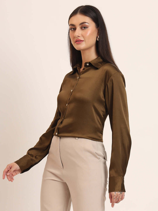 Women'S Premium Bronze Regular Fit Solid Satin Shirt