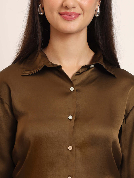 Women'S Premium Bronze Regular Fit Solid Satin Shirt