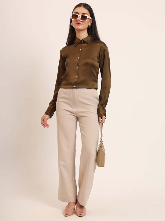 Women'S Premium Bronze Regular Fit Solid Satin Shirt