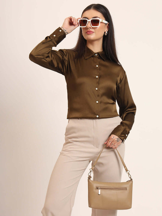 Women'S Premium Bronze Regular Fit Solid Satin Shirt