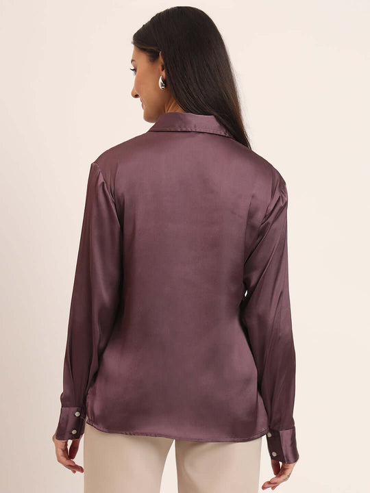 Women'S Premium Walnut Regular Fit Solid Satin Shirt