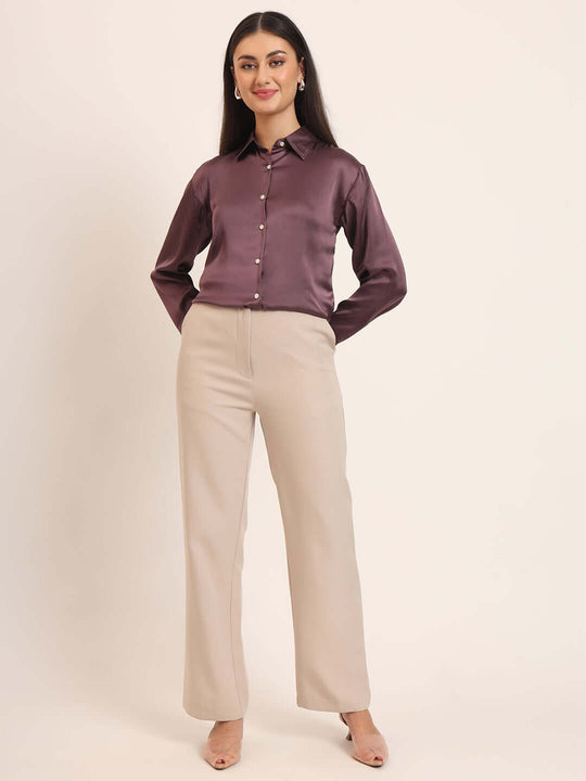 Women'S Premium Walnut Regular Fit Solid Satin Shirt
