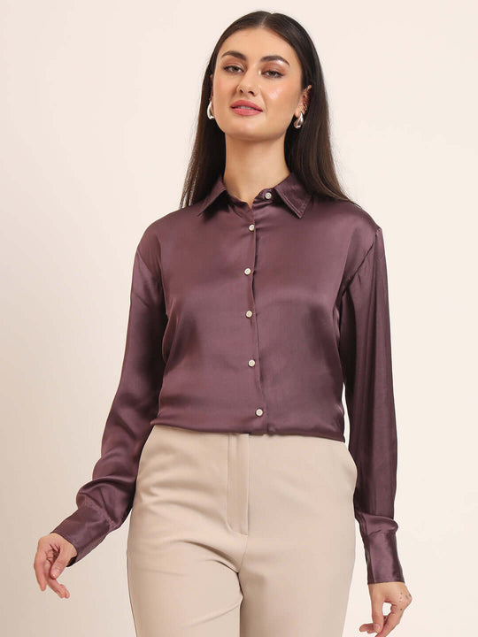 Women'S Premium Walnut Regular Fit Solid Satin Shirt