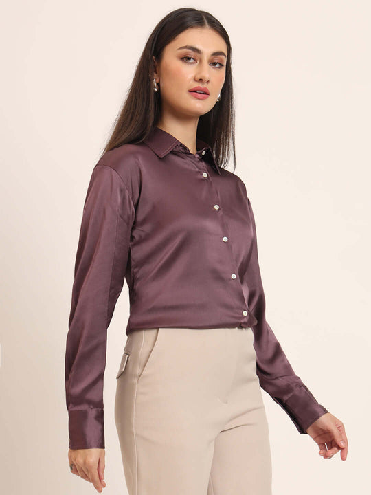 Women'S Premium Walnut Regular Fit Solid Satin Shirt