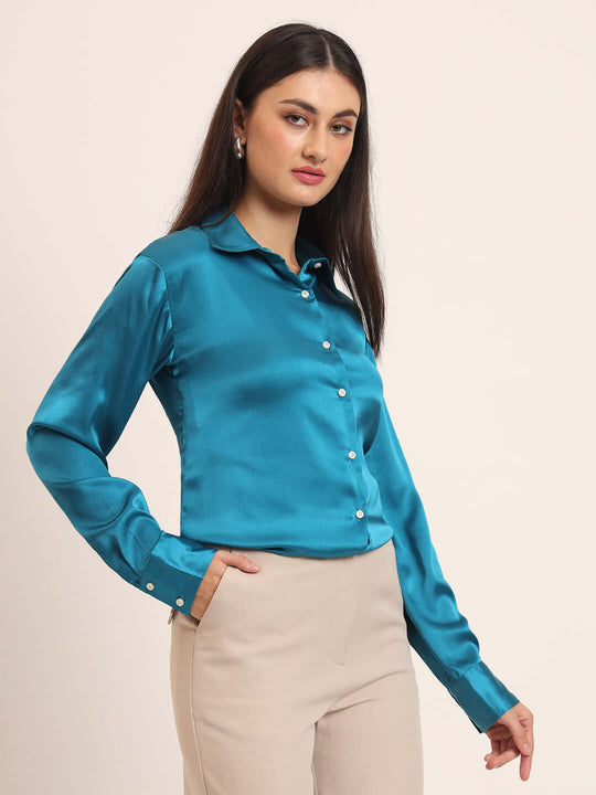 Women'S Premium Azure Regular Fit Solid Satin Shirt