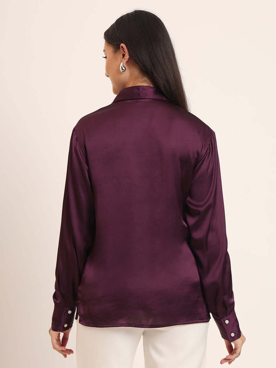 Women'S Premium Deep Plum Regular Fit Solid Satin Shirt