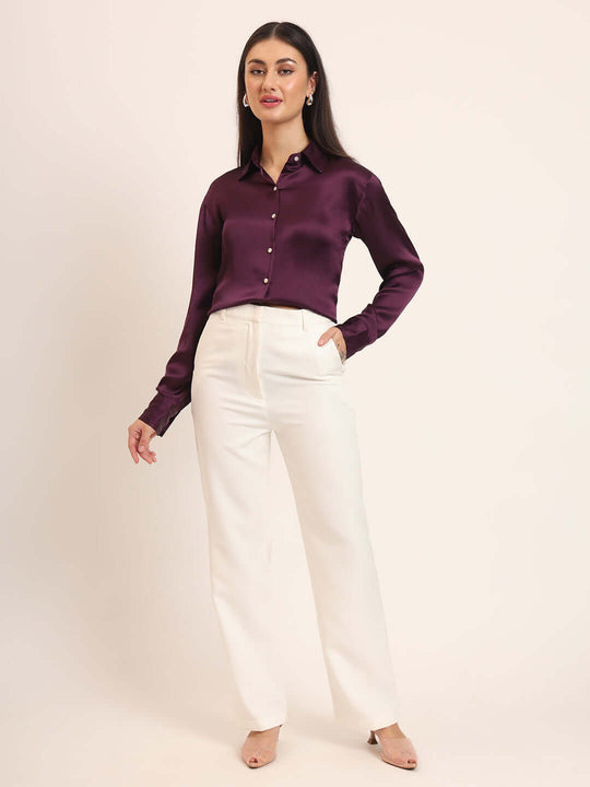 Women'S Premium Deep Plum Regular Fit Solid Satin Shirt