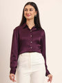 Women'S Premium Deep Plum Regular Fit Solid Satin Shirt