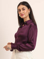 Women'S Premium Deep Plum Regular Fit Solid Satin Shirt