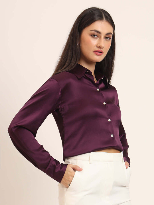 Women'S Premium Deep Plum Regular Fit Solid Satin Shirt