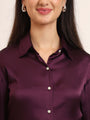 Women'S Premium Deep Plum Regular Fit Solid Satin Shirt