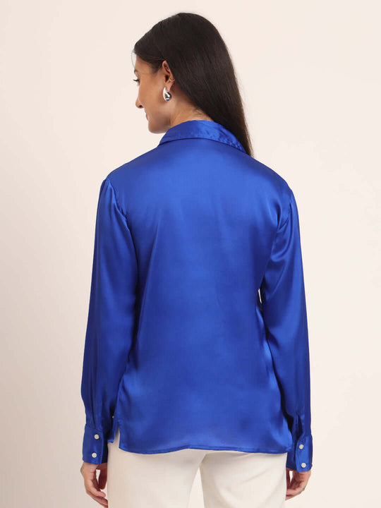 Women'S Premium Royal Blue Regular Fit Solid Satin Shirt