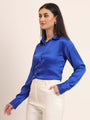 Women'S Premium Royal Blue Regular Fit Solid Satin Shirt