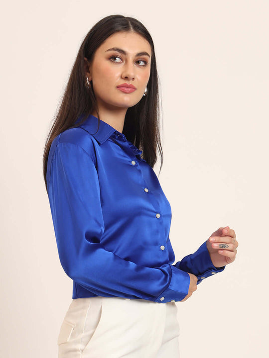 Women'S Premium Royal Blue Regular Fit Solid Satin Shirt