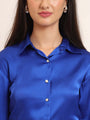 Women'S Premium Royal Blue Regular Fit Solid Satin Shirt