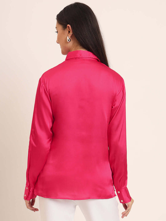 Women'S Premium Magenta Regular Fit Solid Satin Shirt