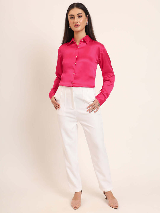 Women'S Premium Magenta Regular Fit Solid Satin Shirt