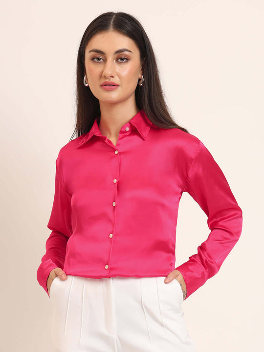 Women'S Premium Magenta Regular Fit Solid Satin Shirt