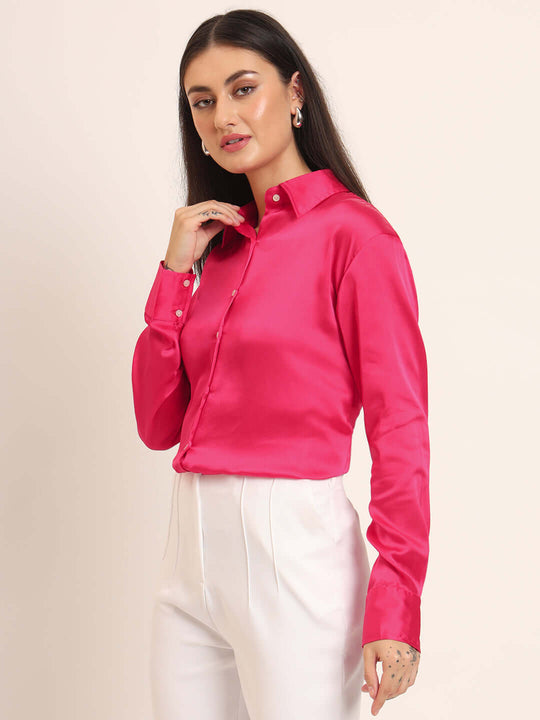 Women'S Premium Magenta Regular Fit Solid Satin Shirt