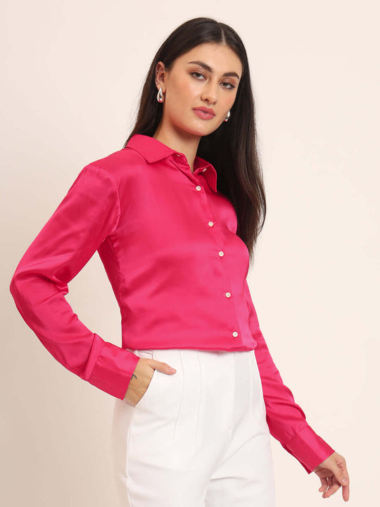 Women'S Premium Magenta Regular Fit Solid Satin Shirt