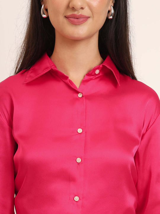 Women'S Premium Magenta Regular Fit Solid Satin Shirt