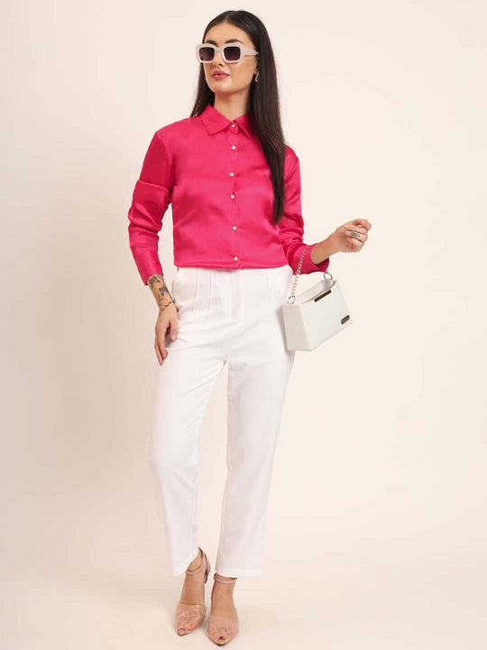 Women'S Premium Magenta Regular Fit Solid Satin Shirt