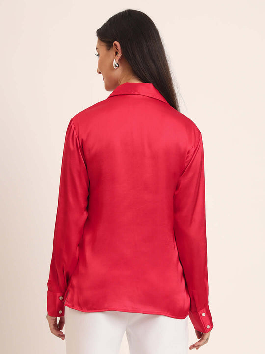 Women'S Premium Red Regular Fit Solid Satin Shirt
