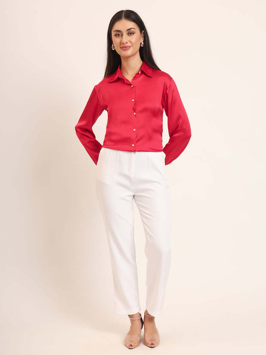 Women'S Premium Red Regular Fit Solid Satin Shirt