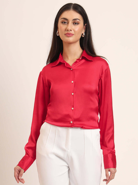 Women'S Premium Red Regular Fit Solid Satin Shirt