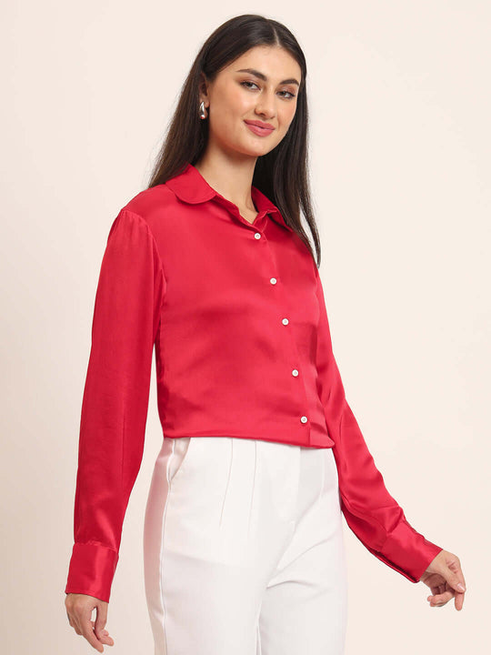 Women'S Premium Red Regular Fit Solid Satin Shirt