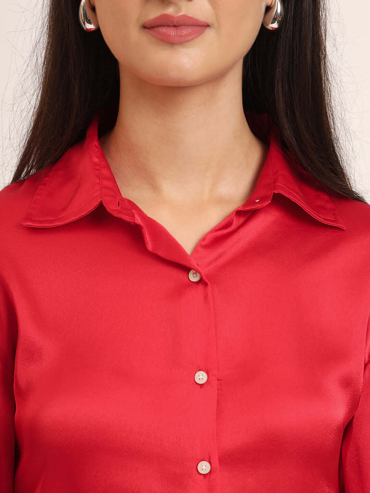 Women'S Premium Red Regular Fit Solid Satin Shirt