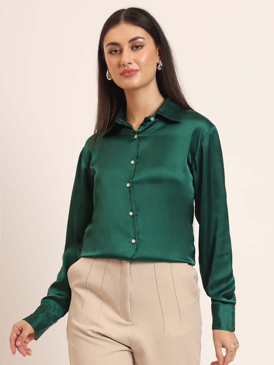 Women'S Premium Castleton Green Regular Fit Solid Satin Shirt