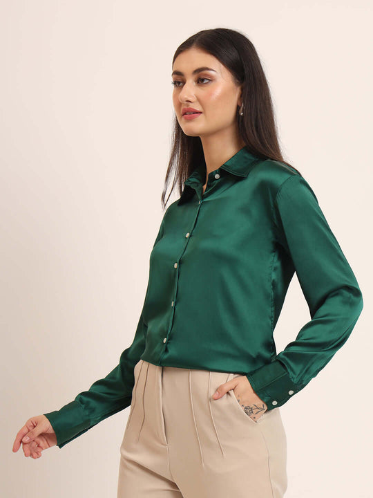 Women'S Premium Castleton Green Regular Fit Solid Satin Shirt