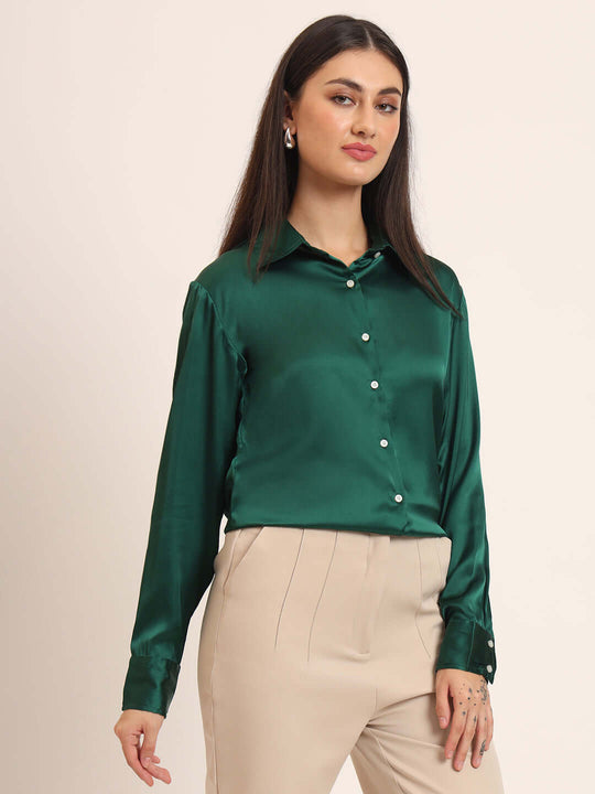 Women'S Premium Castleton Green Regular Fit Solid Satin Shirt