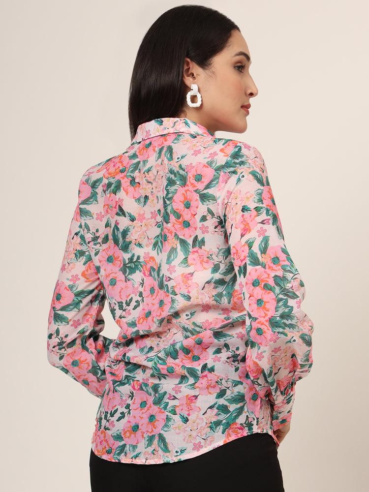 Women'S Premium Chiffon Multicolour Long Length Curved Hem Digital Print Shirt