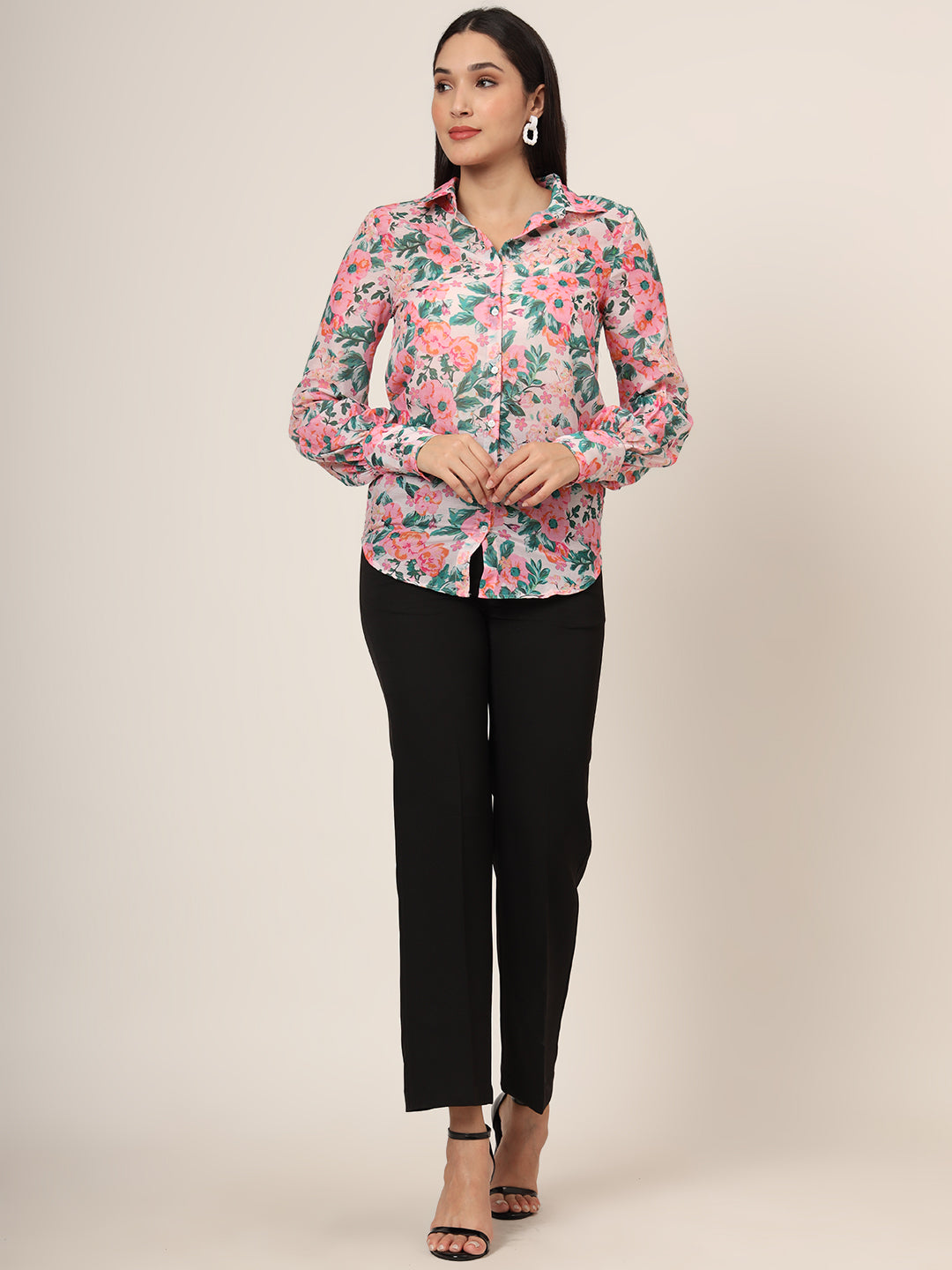 Women'S Premium Chiffon Multicolour Long Length Curved Hem Digital Print Shirt