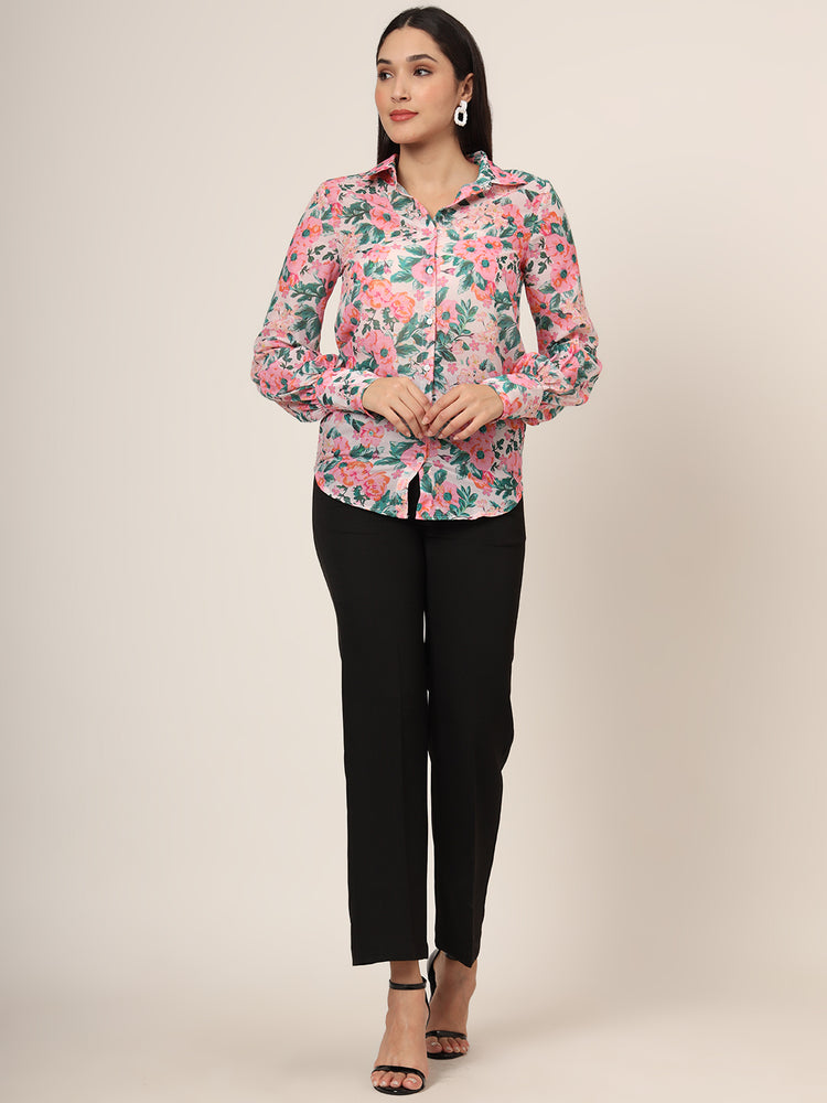 Women'S Premium Chiffon Multicolour Long Length Curved Hem Digital Print Shirt