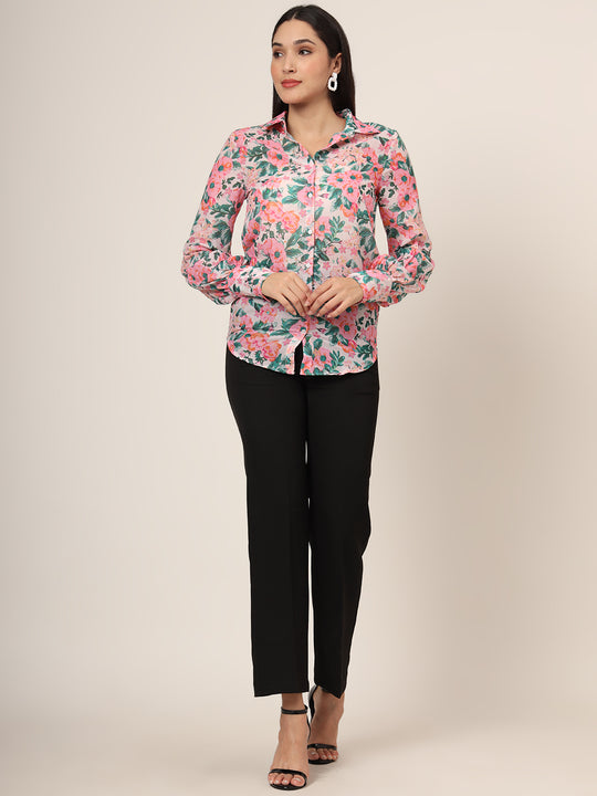 Women'S Premium Chiffon Multicolour Long Length Curved Hem Digital Print Shirt