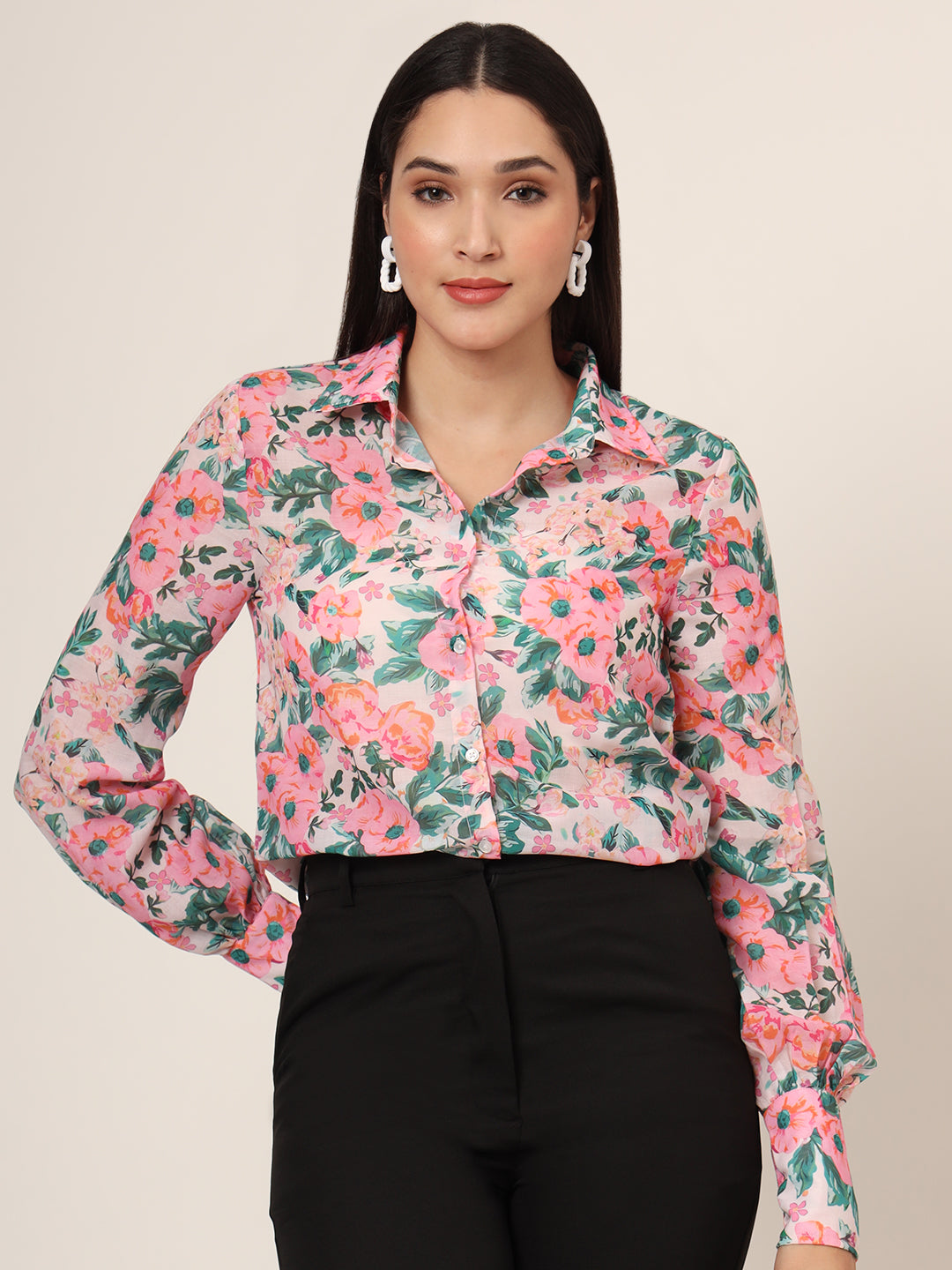 Women'S Premium Chiffon Multicolour Long Length Curved Hem Digital Print Shirt