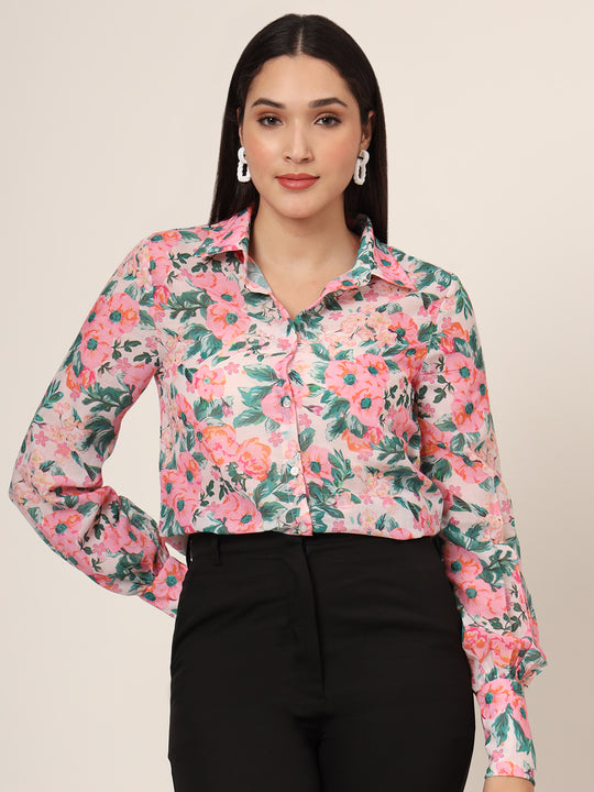 Women'S Luxury Cambric Multicolour Long Length Curved Hem Digital Print Shirt