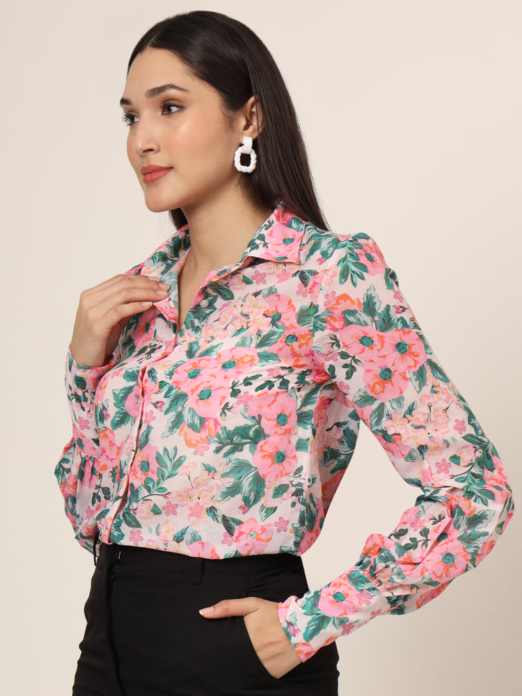 Women'S Premium Chiffon Multicolour Long Length Curved Hem Digital Print Shirt