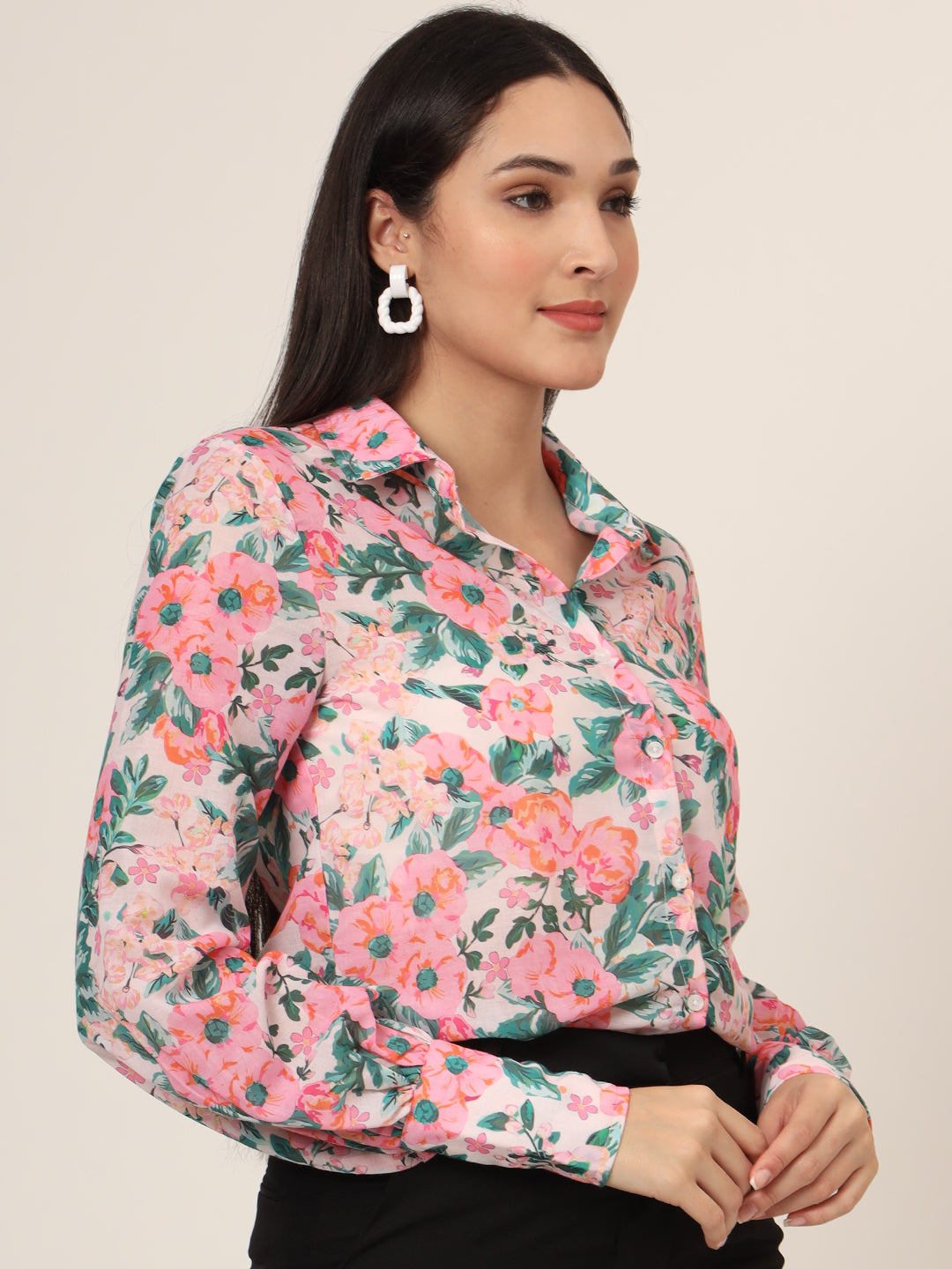 Women'S Premium Chiffon Multicolour Long Length Curved Hem Digital Print Shirt