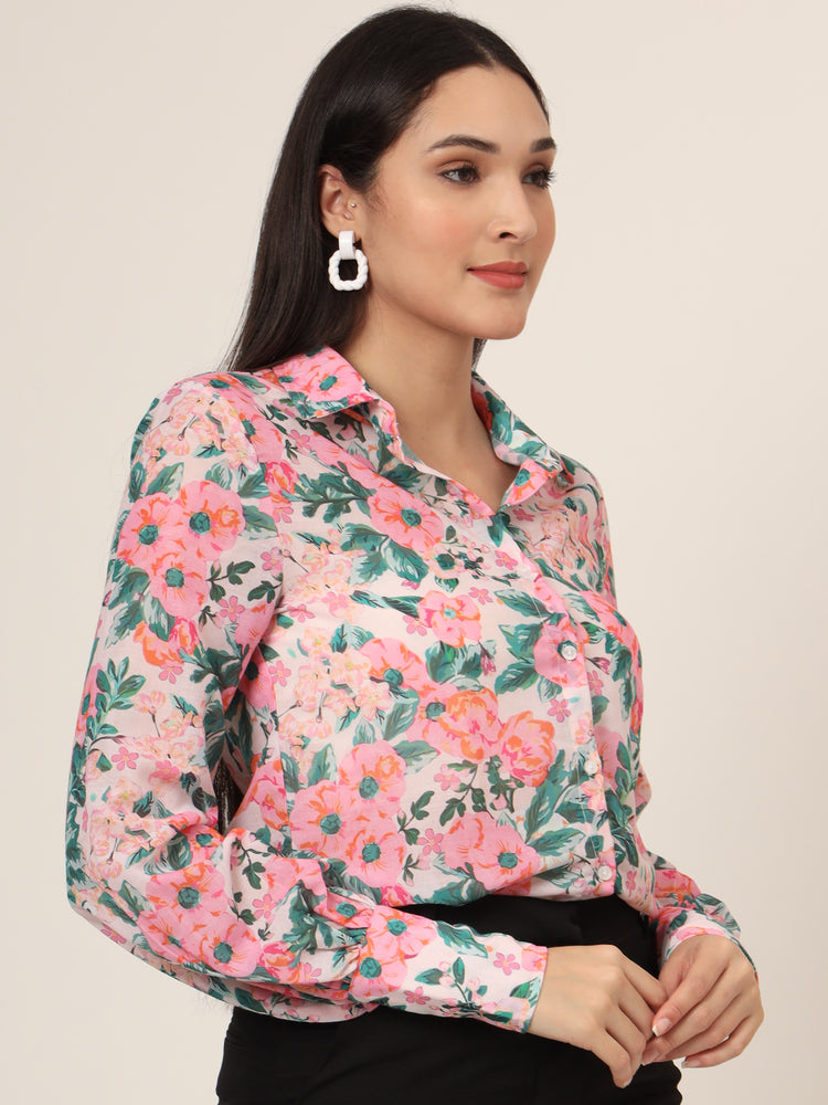 Women'S Premium Chiffon Multicolour Long Length Curved Hem Digital Print Shirt