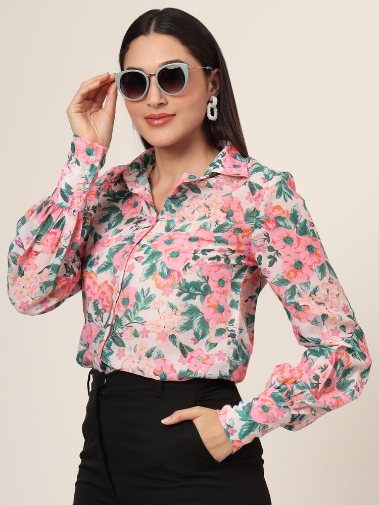 Women'S Premium Chiffon Multicolour Long Length Curved Hem Digital Print Shirt