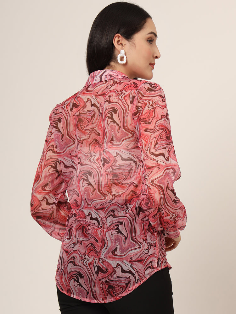 Women'S Premium Chiffon Multicolour Long Length Curved Hem Digital Print Shirt