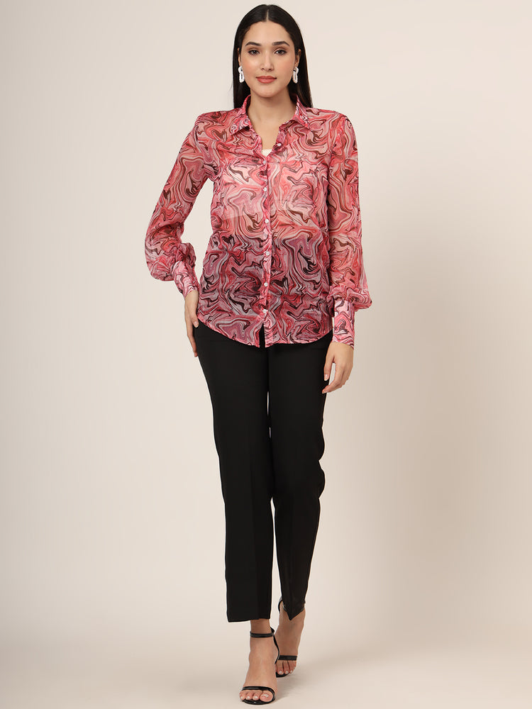 Women'S Premium Chiffon Multicolour Long Length Curved Hem Digital Print Shirt