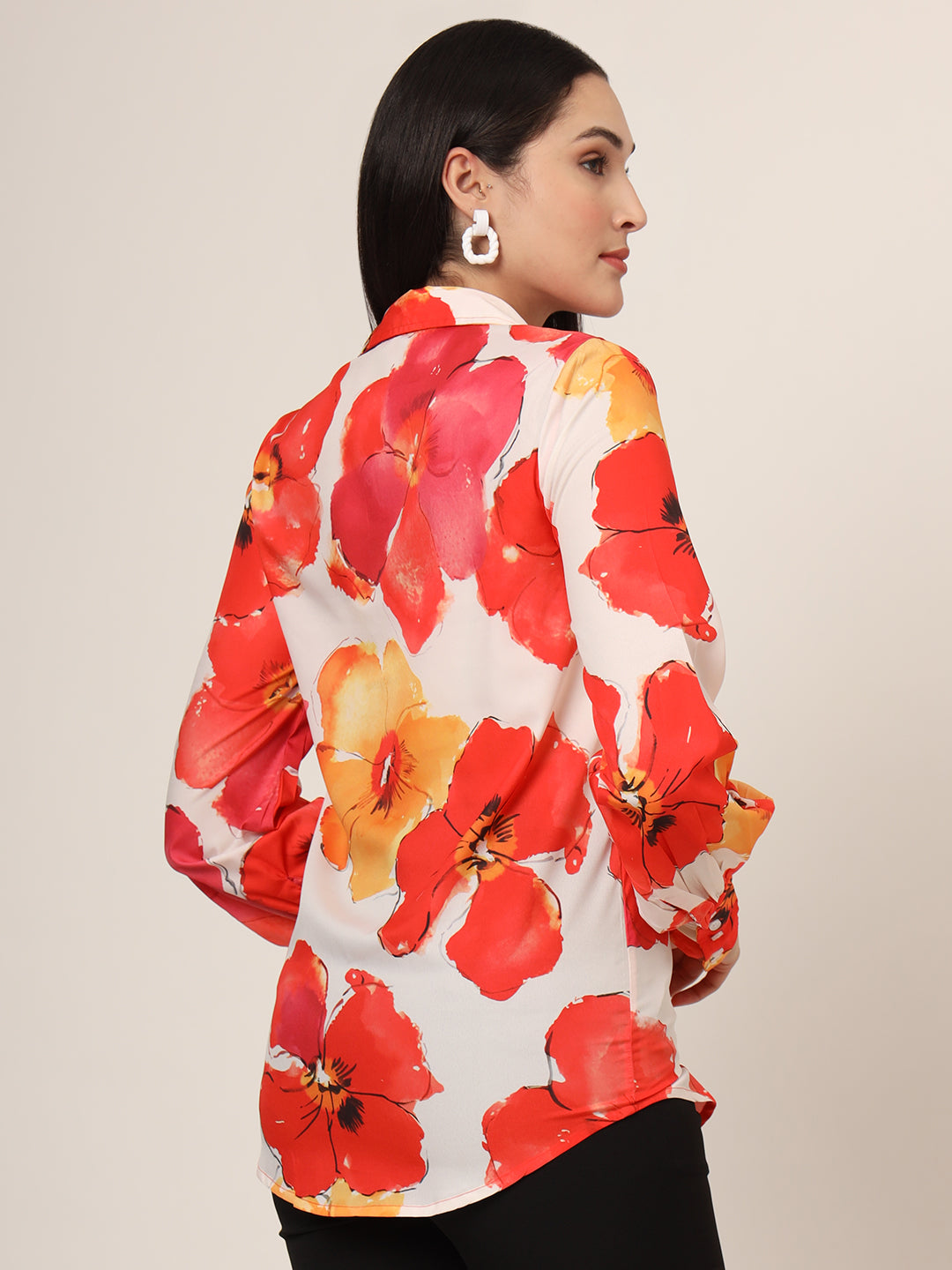 Women'S Premium American Crepe Multicolour Long Length Curved Hem Digital Print Shirt
